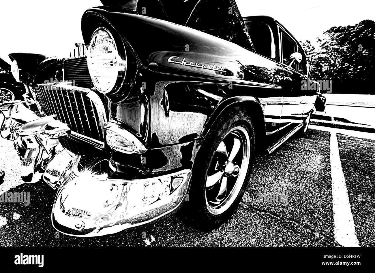 Primo piano immagine in bianco e nero di Chevy auto presso l'auto show. Foto Stock