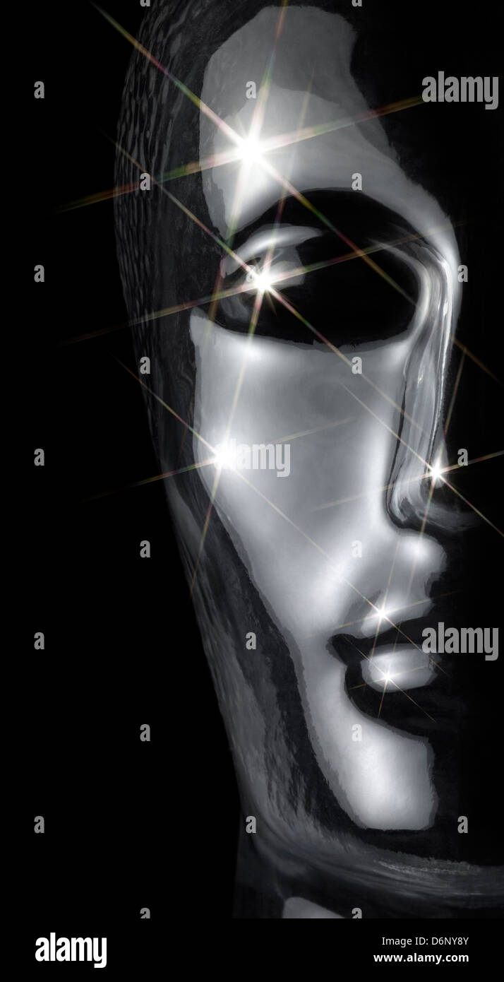 Riflettente traslucido testa umana fatta di vetro con star riflessi nella parte posteriore in nero Foto Stock