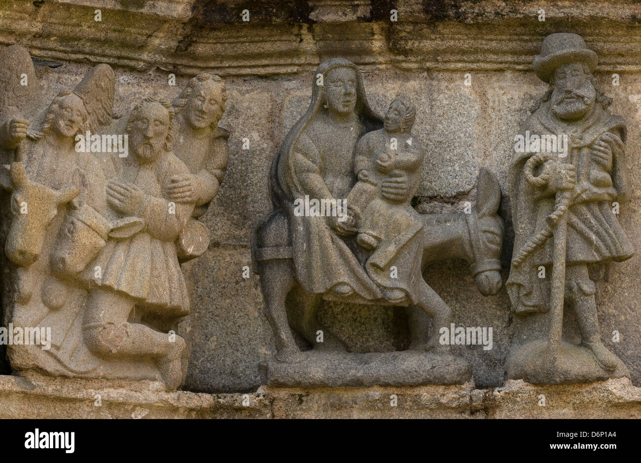 Fuga in Egitto da Gesù sul Calvario Guimiliau, Brittany, Francia. Foto Stock