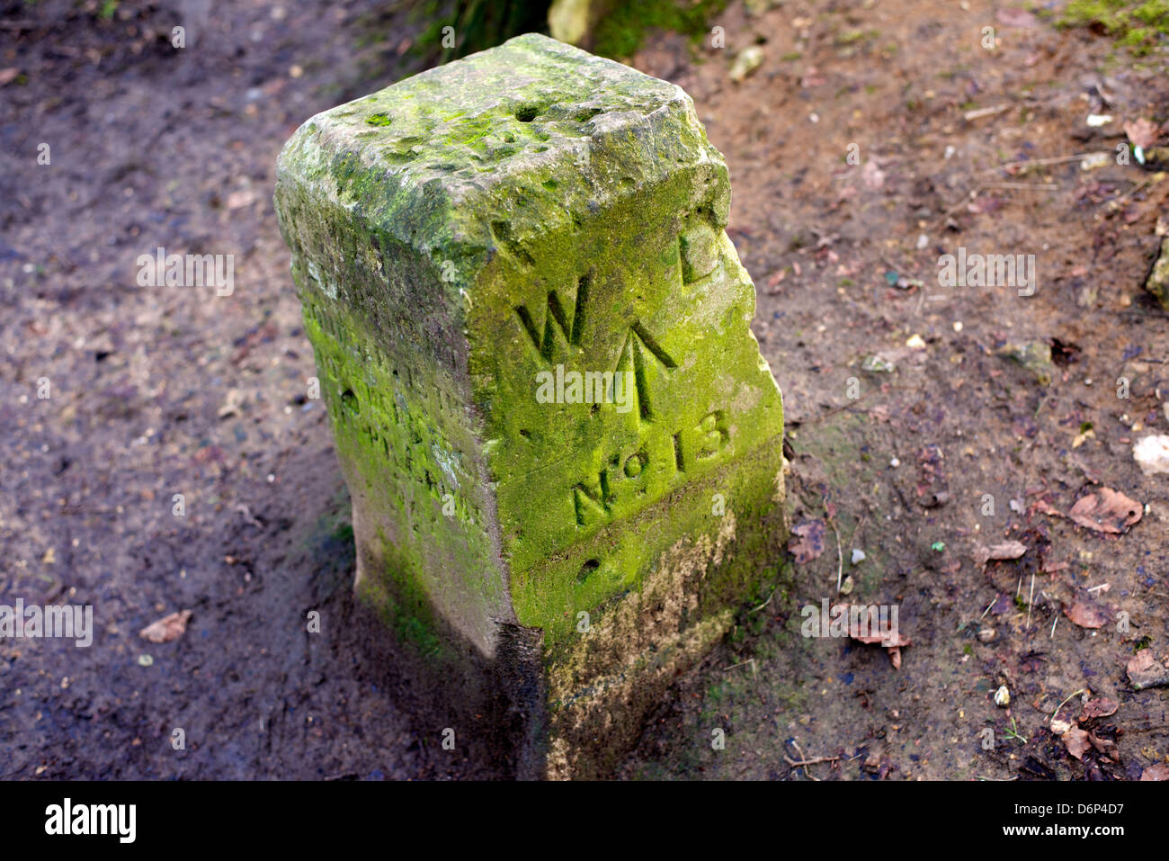 Dipartimento di guerra Post Marker n. 13 Reigate Surrey iscrizione recita "reparto guerra di confine è il bordo settentrionale della via dei pellegrini' Foto Stock