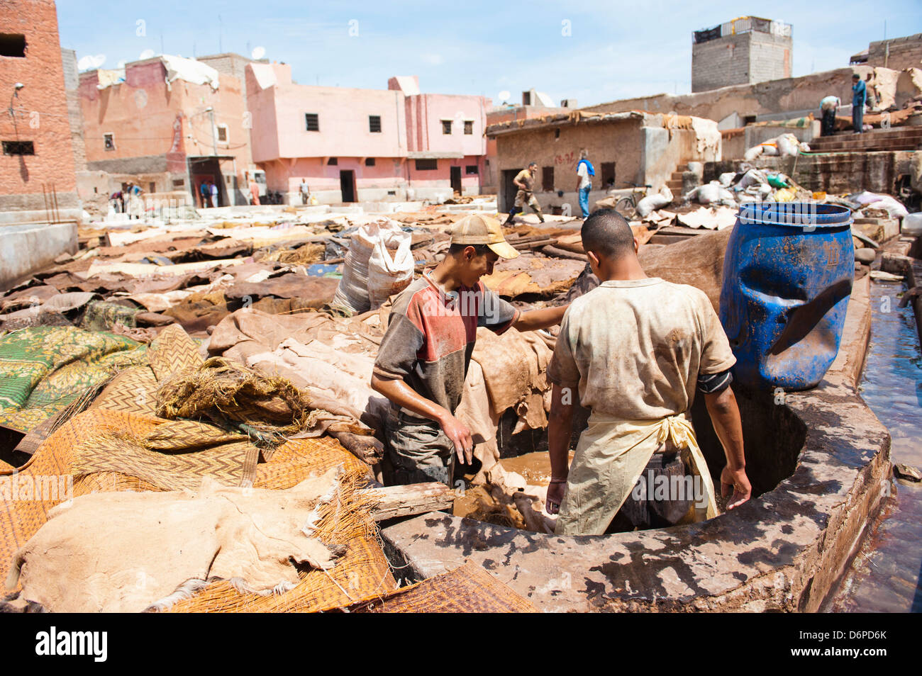 Uomini al lavoro in una conceria nella vecchia Medina, Marrakech, Marocco, Africa Settentrionale, Africa Foto Stock