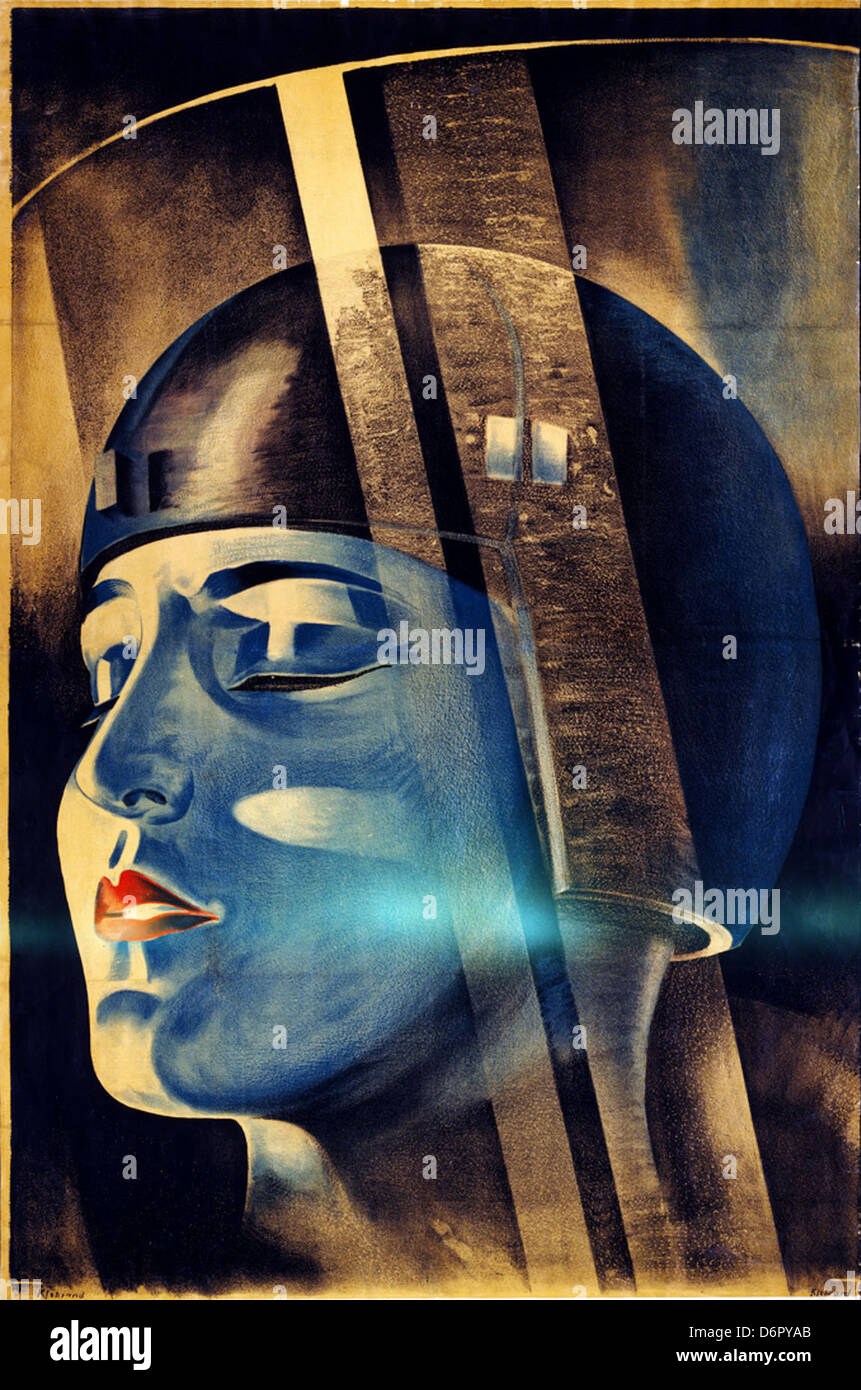 Questo è un poster del film del 1926 per l'iconico film di Fritz Lang *Metropolis*. Il poster, in stile Art Deco, raffigura la macchina di trasformazione e Maria, uno dei personaggi centrali del film, sullo sfondo del futuristico paesaggio urbano. Foto Stock