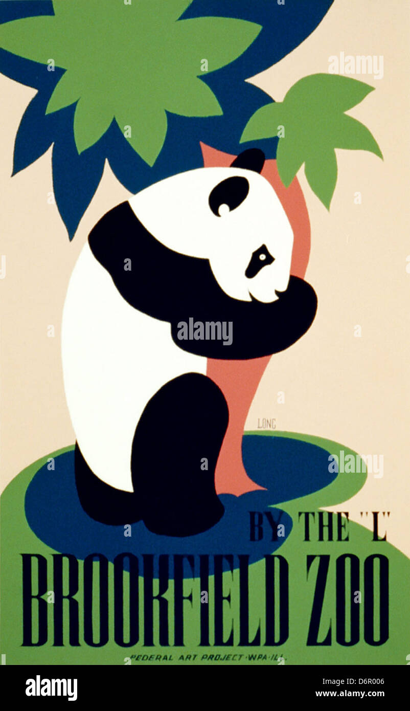 Questo poster WPA del 1937 circa promuove lo zoo di Brookfield a Chicago. Presenta immagini vivaci con un albero e un panda, che evidenziano lo zoo come una delle principali attrazioni di Chicago. Foto Stock