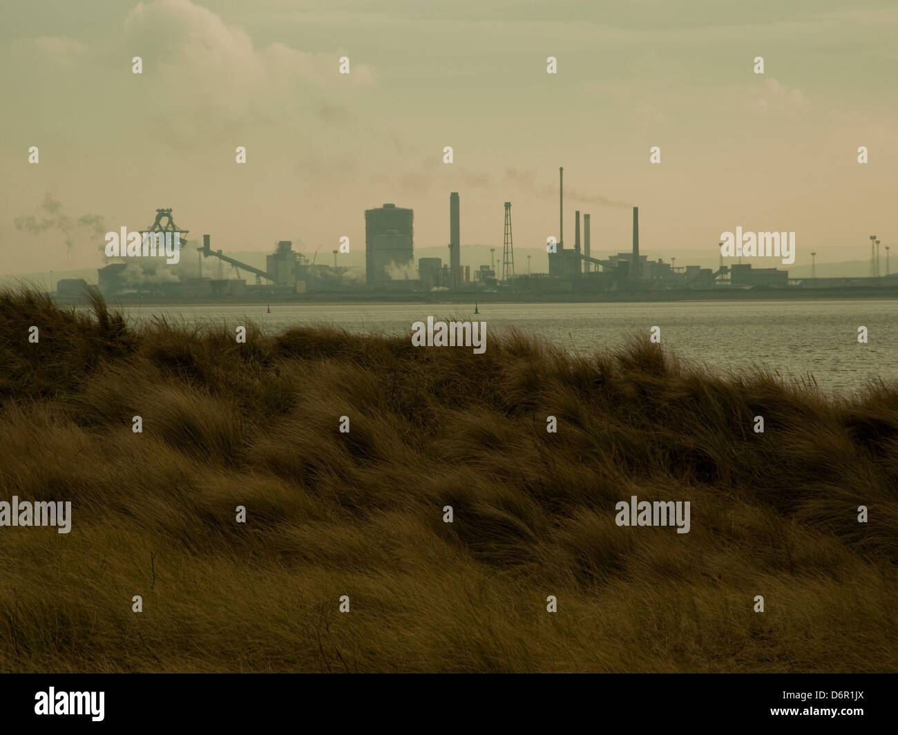 Redcar acciaierie da Seaton Carew con heather e mare Foto Stock