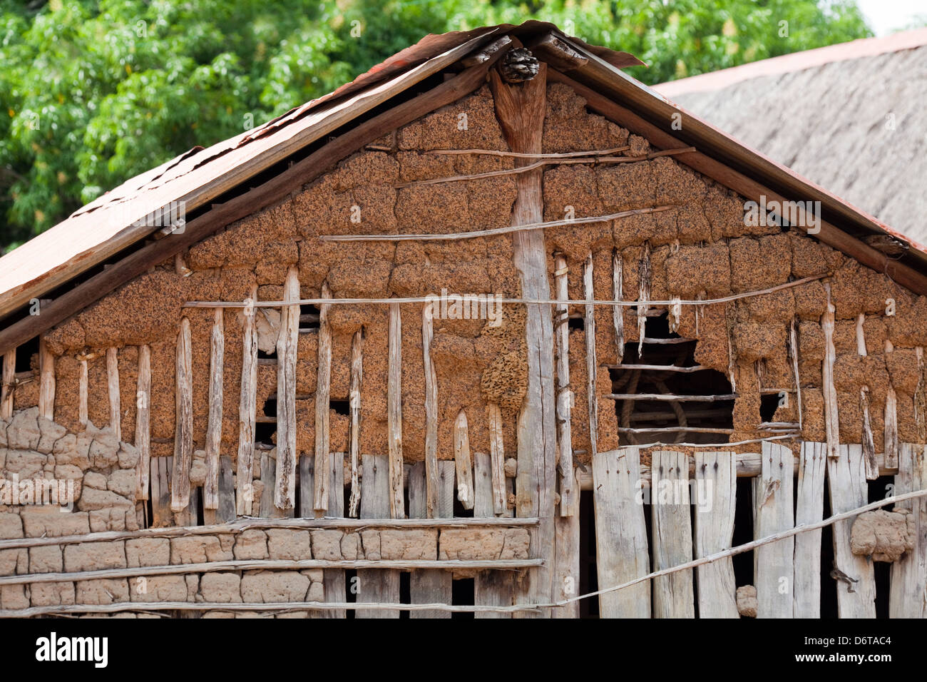 La costruzione dell'edificio. Close-up di dettaglio il più antico edificio (circa. 1930) Karanambu Ranch. La Guyana. Legname, graticcio, legno Foto Stock