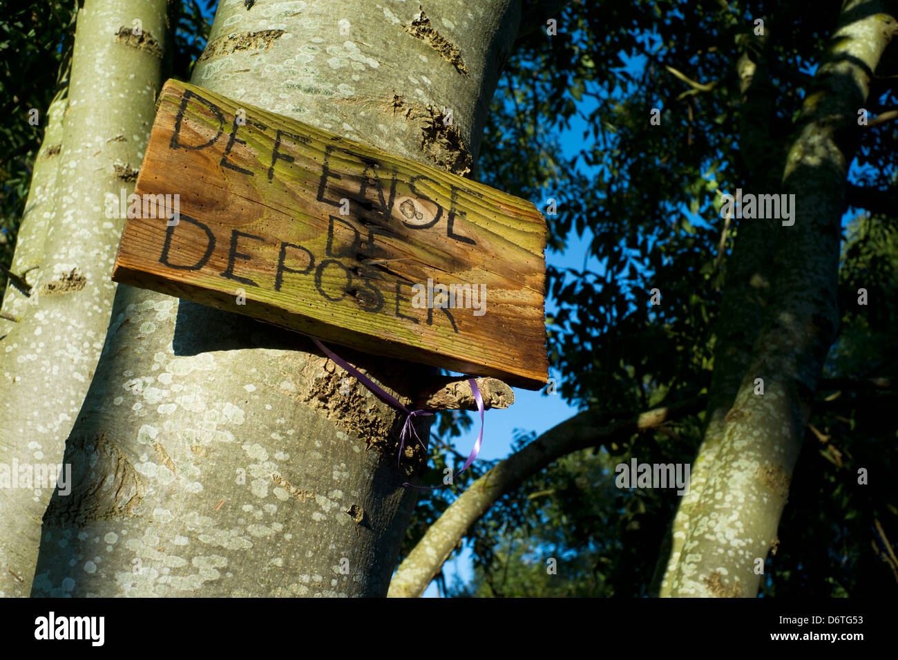 Dipinto a mano segno di legno inchiodati ad albero, Normandia, Francia Foto Stock