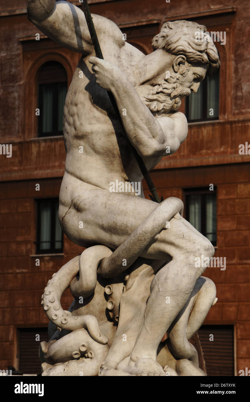 L'Italia. Roma. Fontana del Nettuno. Nettuno lottando con un polipo, da Antonio della Bitta (1807-?), 1878. Piazza Navona. Foto Stock