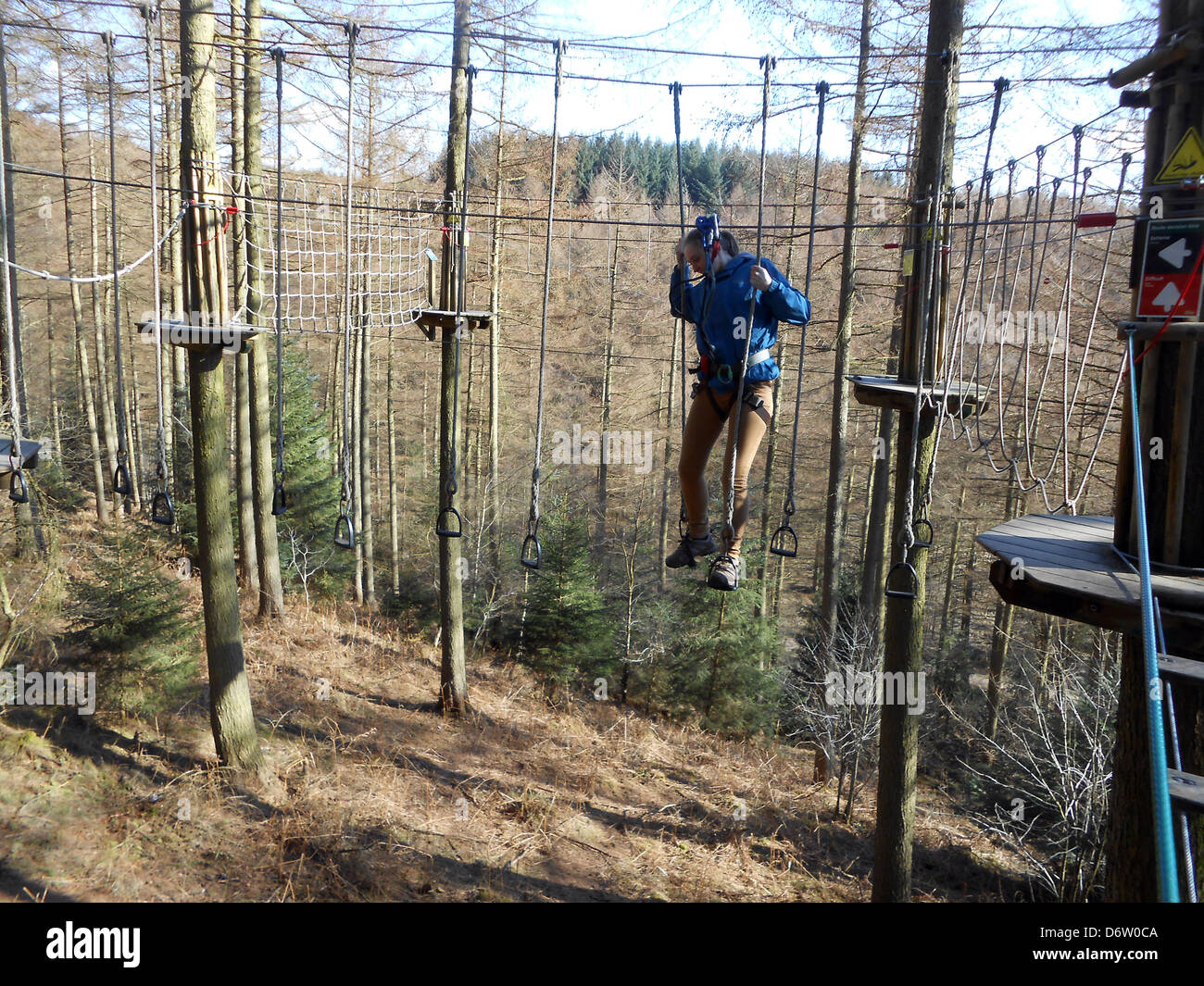 Ragazza adolescente facendo Go Ape in Dalby Forest. Foto Stock