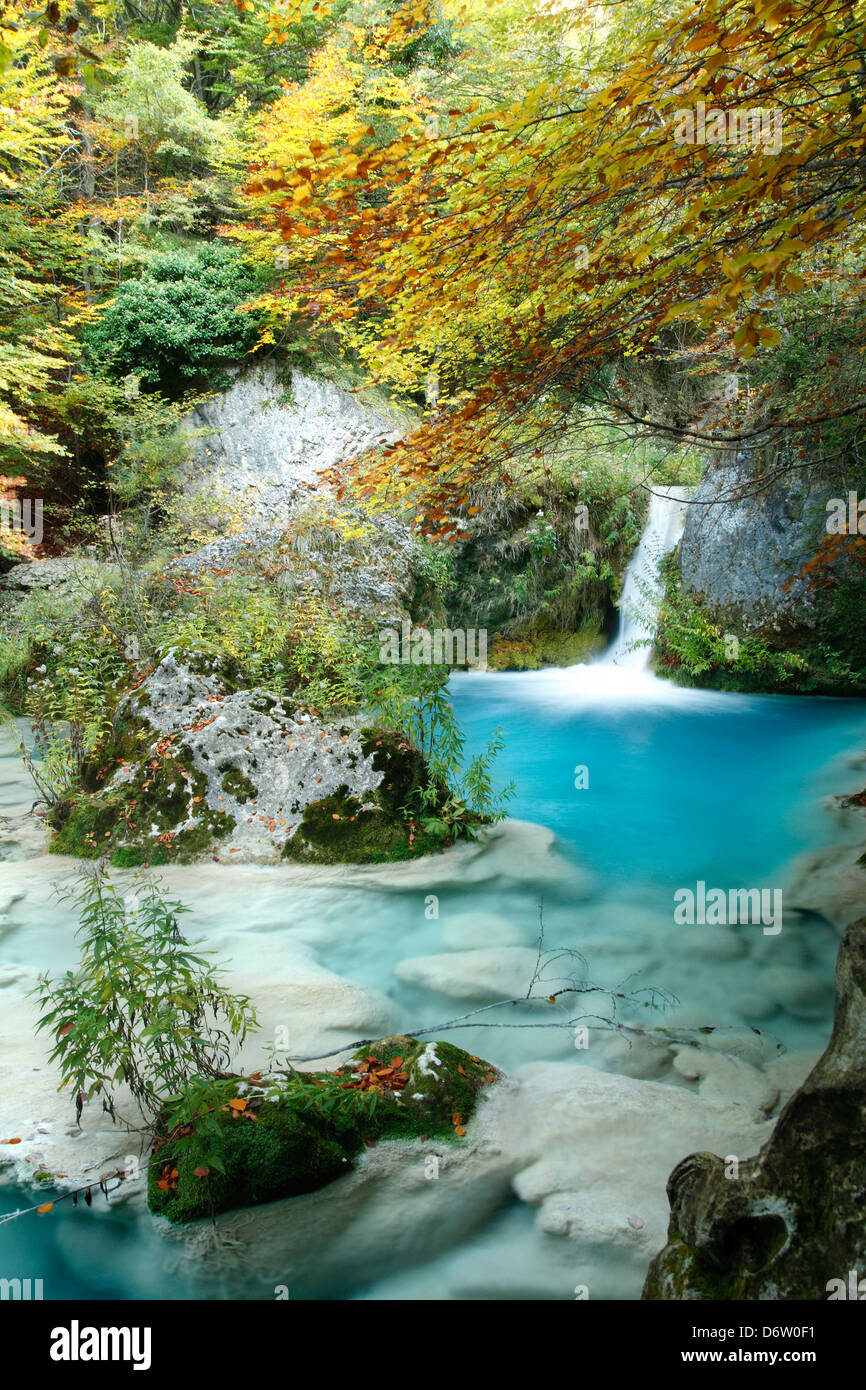 Autunno in Urederra river, Urbasa parco naturale, Navarra, Spagna Foto Stock