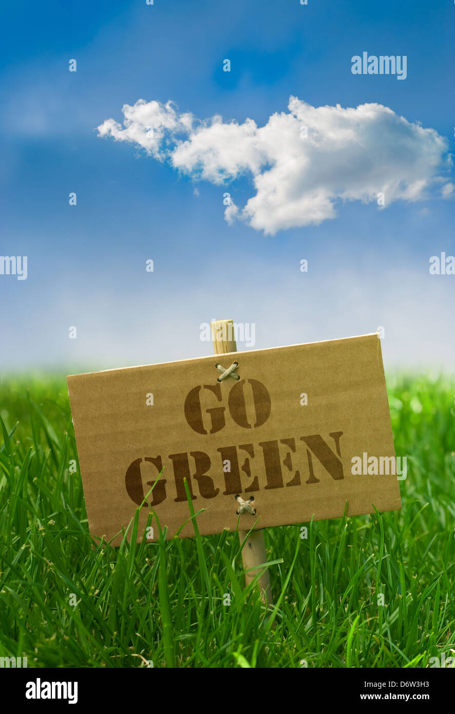 Go Green testo scritto su di un cartone di erba cielo blu Foto Stock