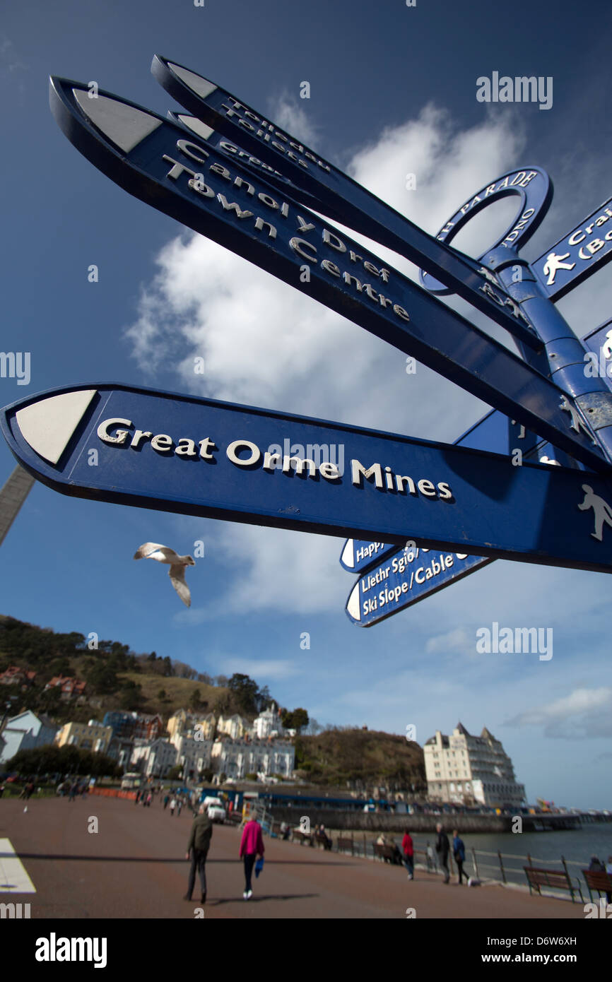 La città di Llandudno, Galles. Il pittoresco sunny view di un turista direzione segno sul lungomare a Llandudno North Shore. Foto Stock