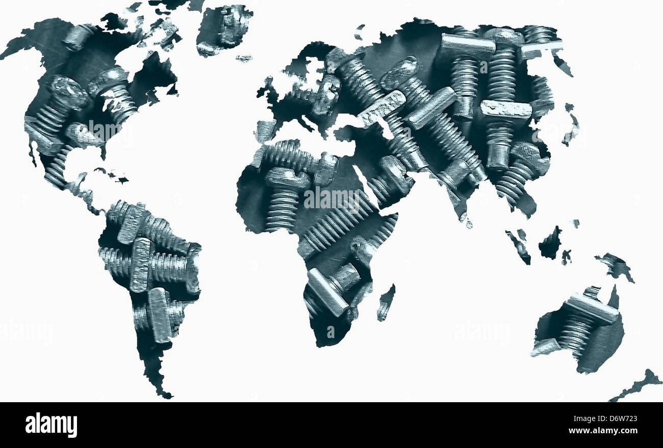 Mappa mondo Nut Bulloni concetto mappa Mondo Nut Bulloni Concept Design creativo di arte astratta Atlantic lo sfondo è blu Business Foto Stock