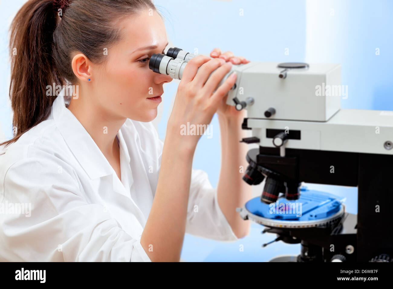 Una studentessa in un laboratorio universitario citologico Foto Stock