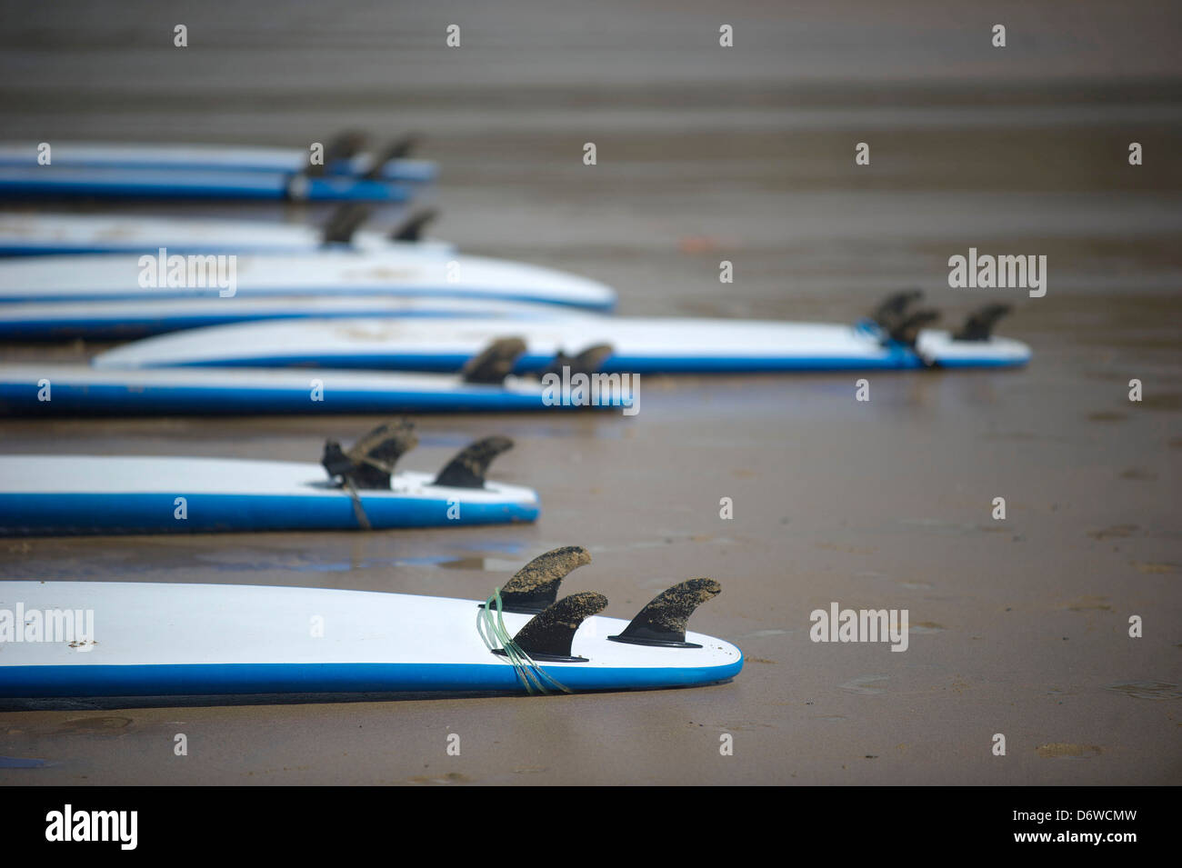 Scuola di surf tavole da surf nella foto sulla spiaggia e di sabbia a Watergate Bay, Cornwall. Foto Stock
