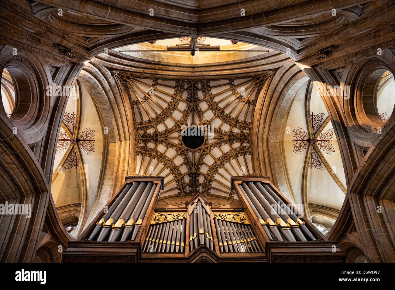 Il principale 67-organo di arresto (sostanzialmente ricostruita nel 1973-1974) e architettura circostante alla Cattedrale di Wells, Somerset, Inghilterra Foto Stock