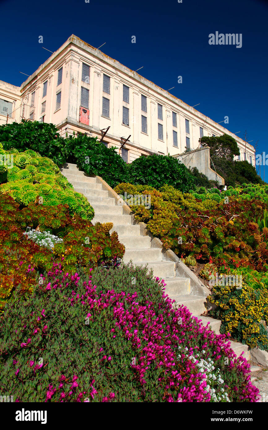 Alacatraz prigione dalla storica area giardino e la baia di San Francisco, California Foto Stock