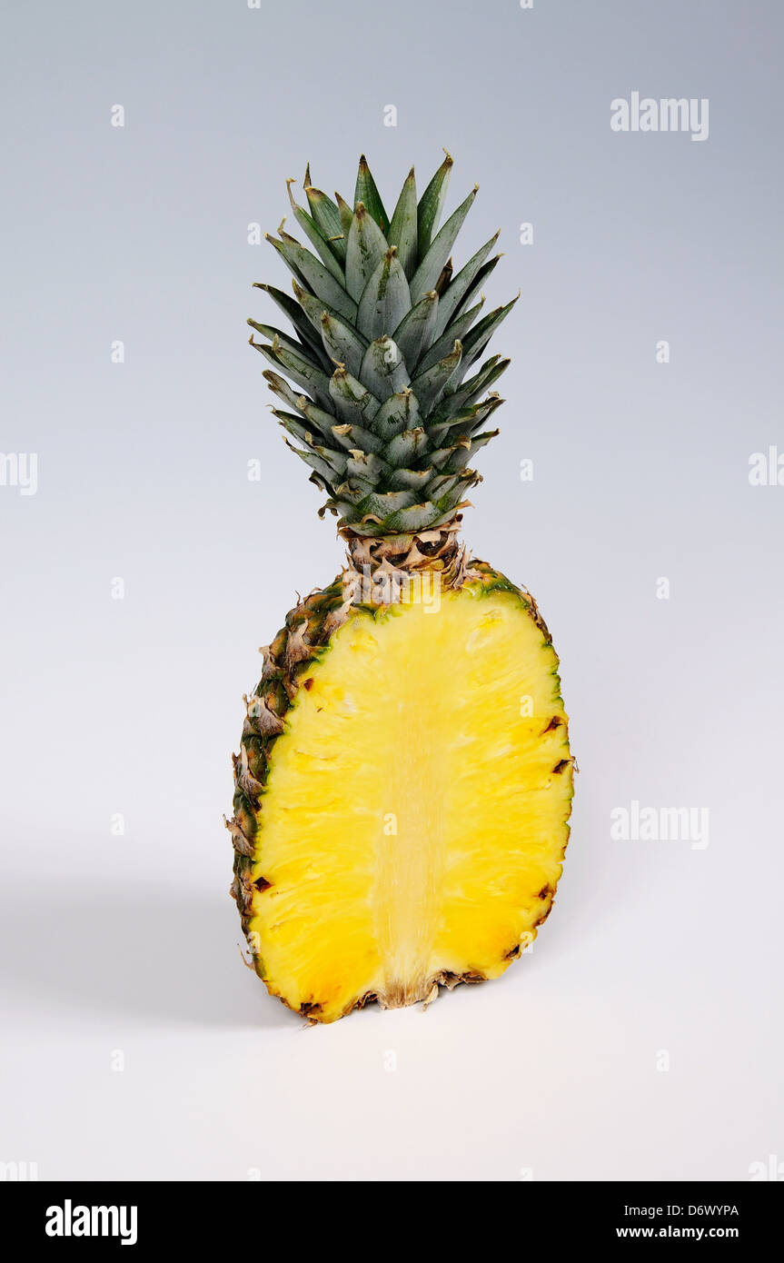 La metà di un ananas con frondosi top tagliare longitudinalmente contro uno sfondo semplice. Foto Stock