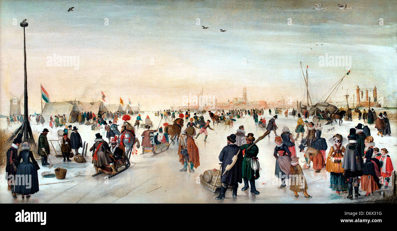 Godendo il ghiaccio vicino a una città, Hendrick Avercamp, 1620 vernice ad olio 47 x 89cm olandese, i Paesi Bassi. Foto Stock
