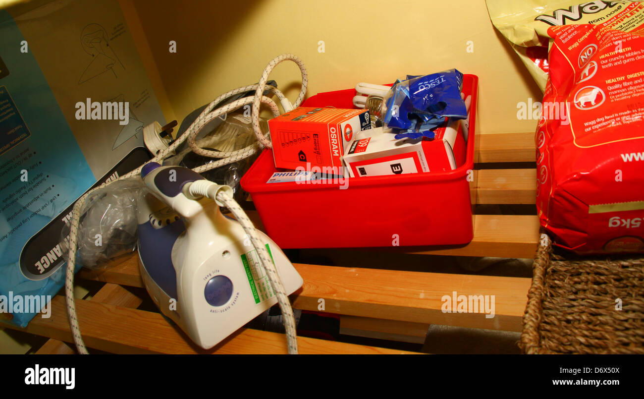 Tipica sala interna cuboard con lampadine luce di ferro e il cibo per cani Foto Stock