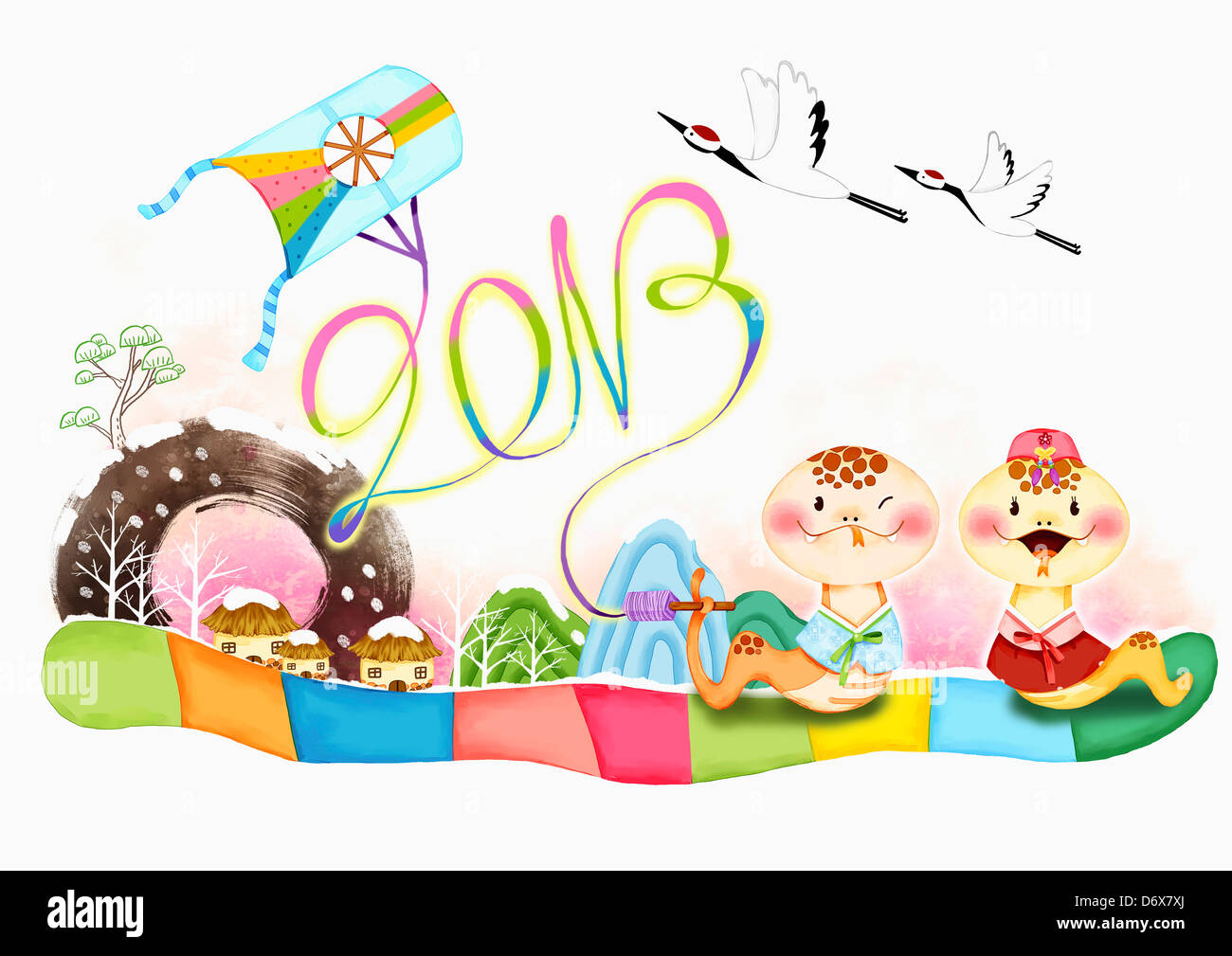 Nuovo anno di card design frontale dotata di serpenti aquilone volante Foto Stock
