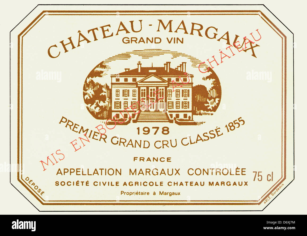 MARGAUX vino etichetta bottiglia Chateau Margaux Premier Grand cru classe rosso merlot vino 1978 Gironda Bordeaux Francia Foto Stock