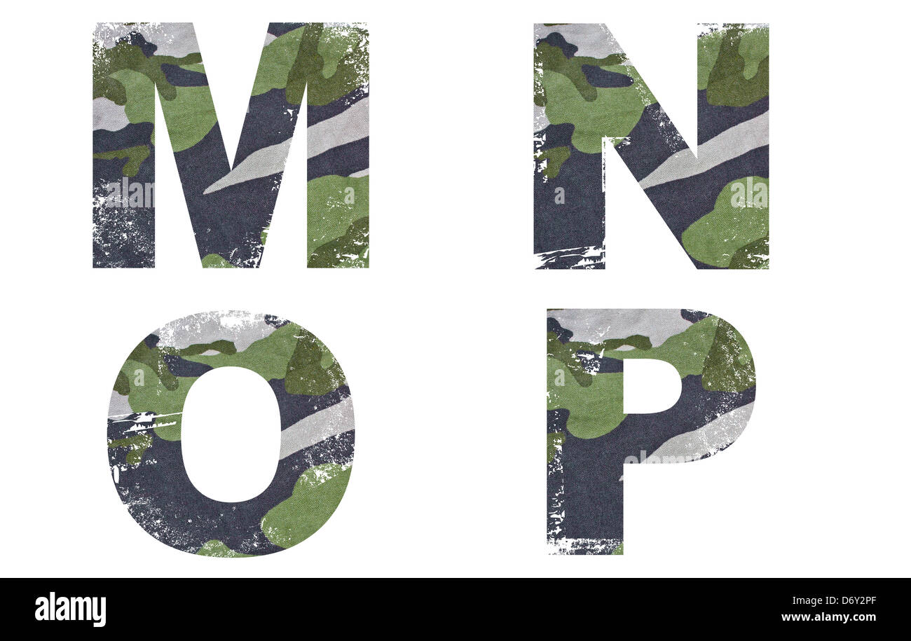 M-N-O-P alfabeto da militari di tessitura del tessuto su sfondo bianco. Foto Stock