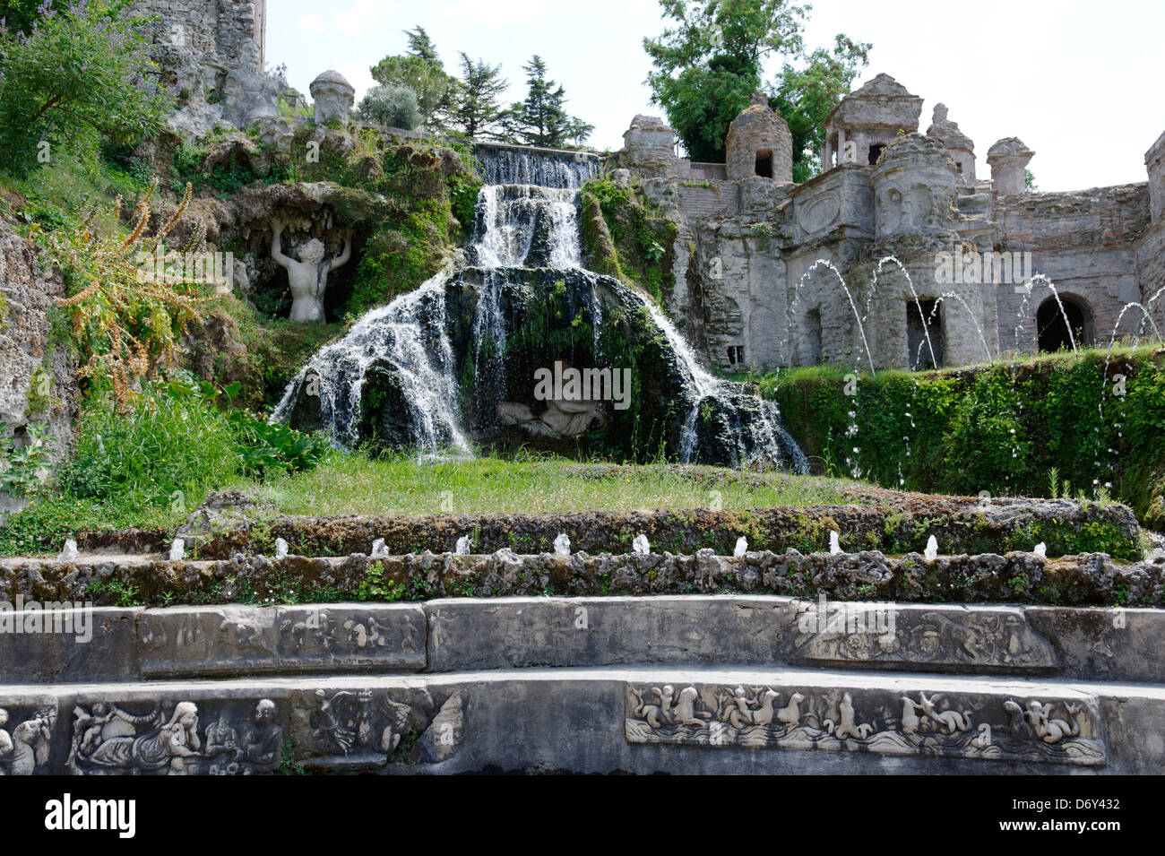 Villa d'Este. Tivoli. L'Italia. Vista di parte degli elaborati Fontana di Rometta progettata da Pirro Ligorio e eseguito da Curzio Mac Foto Stock