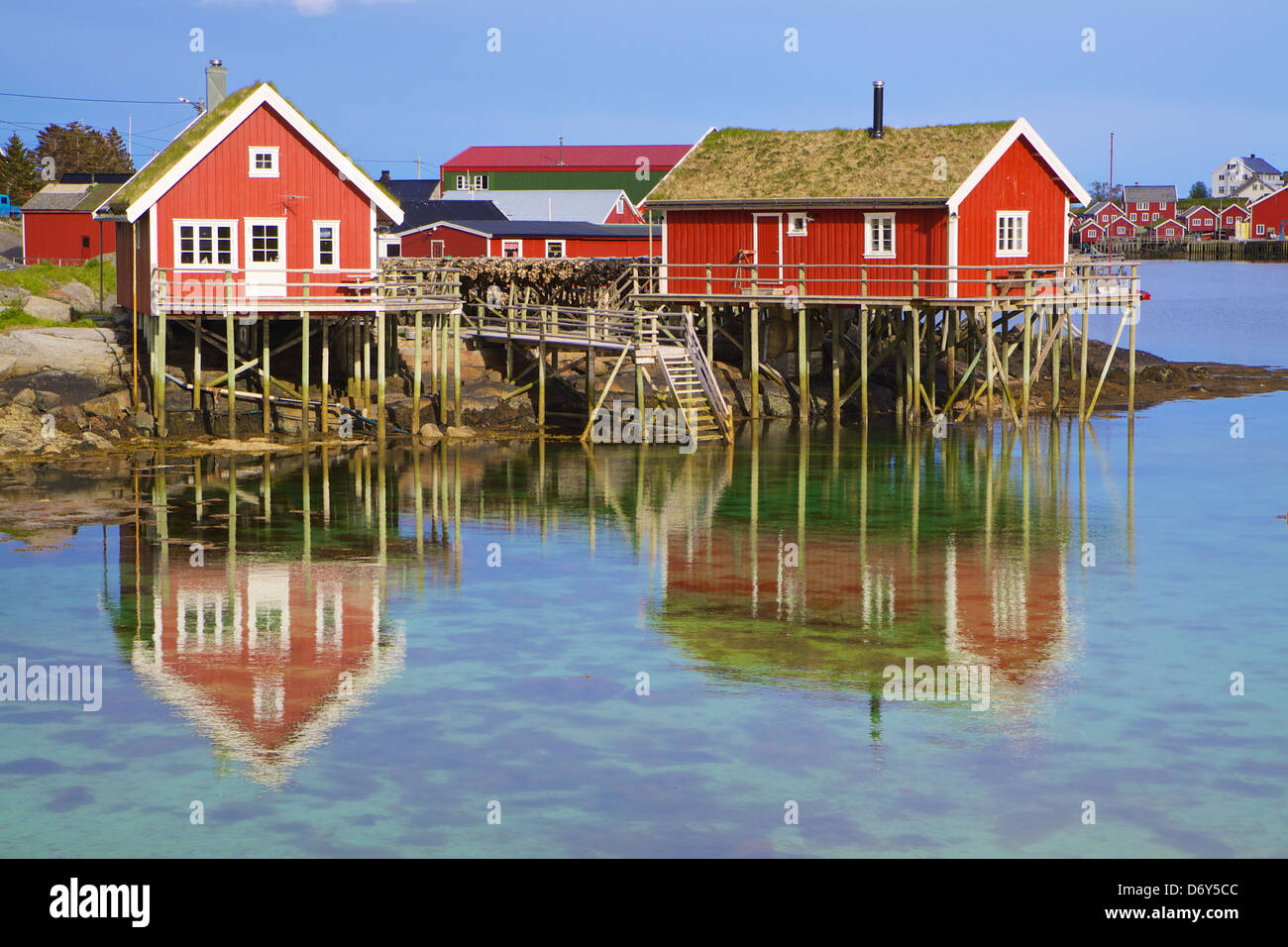 Tradizionale norvegese rorbu rosso di capanne con zolla tetto nella città di Reine sulle isole Lofoten in Norvegia Foto Stock