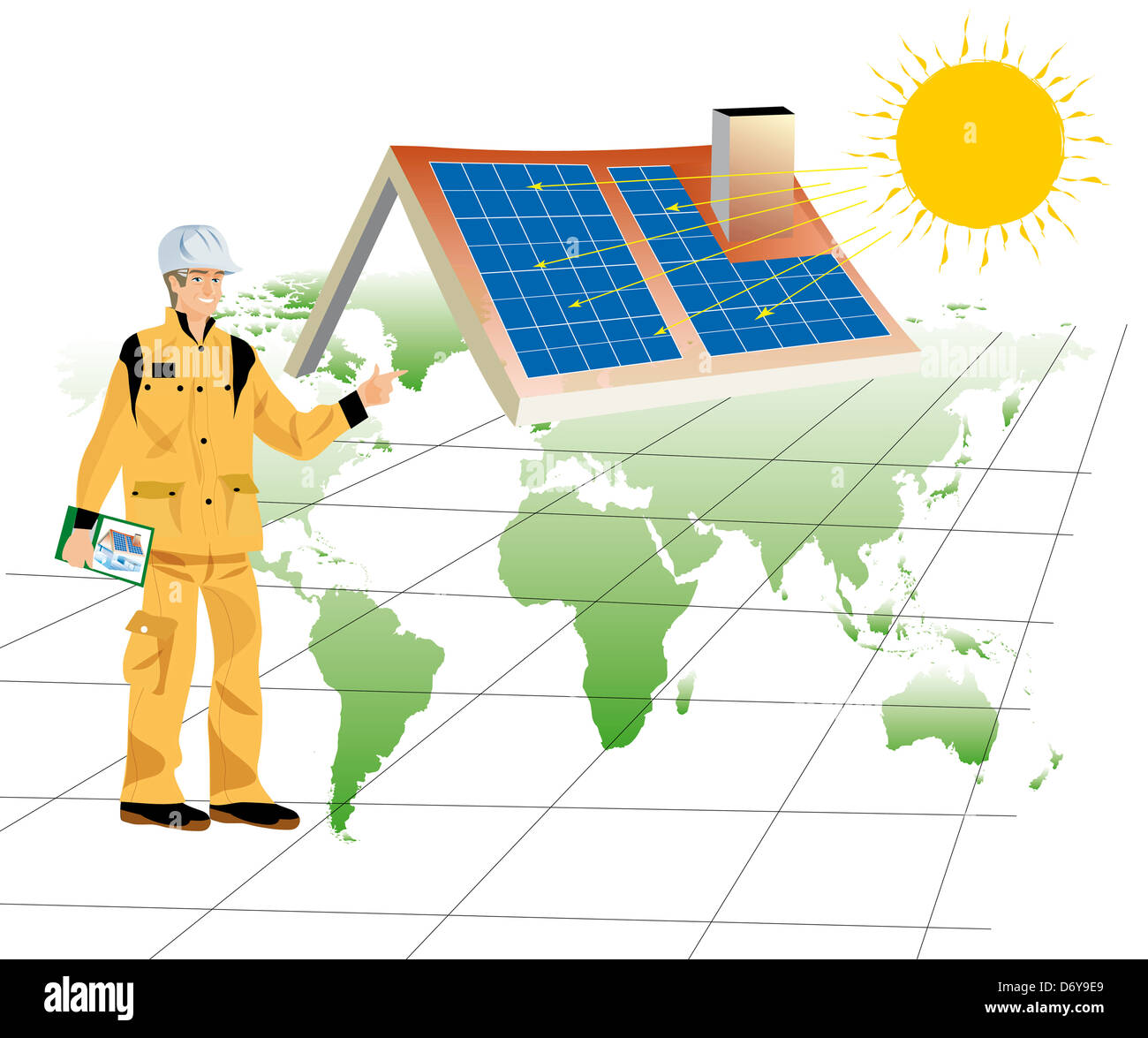 Un lavoratore edile con una Casa dotata di pannelli solari Foto Stock