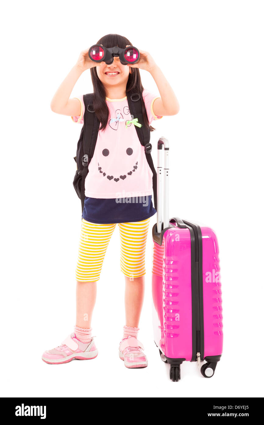 Piccolo felice ragazza con il telescopio e la valigia di viaggio Foto Stock