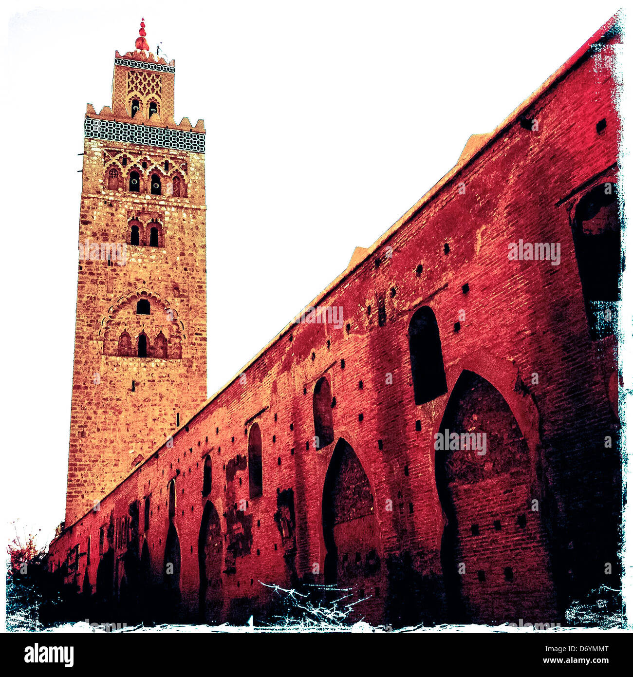Addolorato fotografia della torre ornati, Marrakech, Marocco Foto Stock