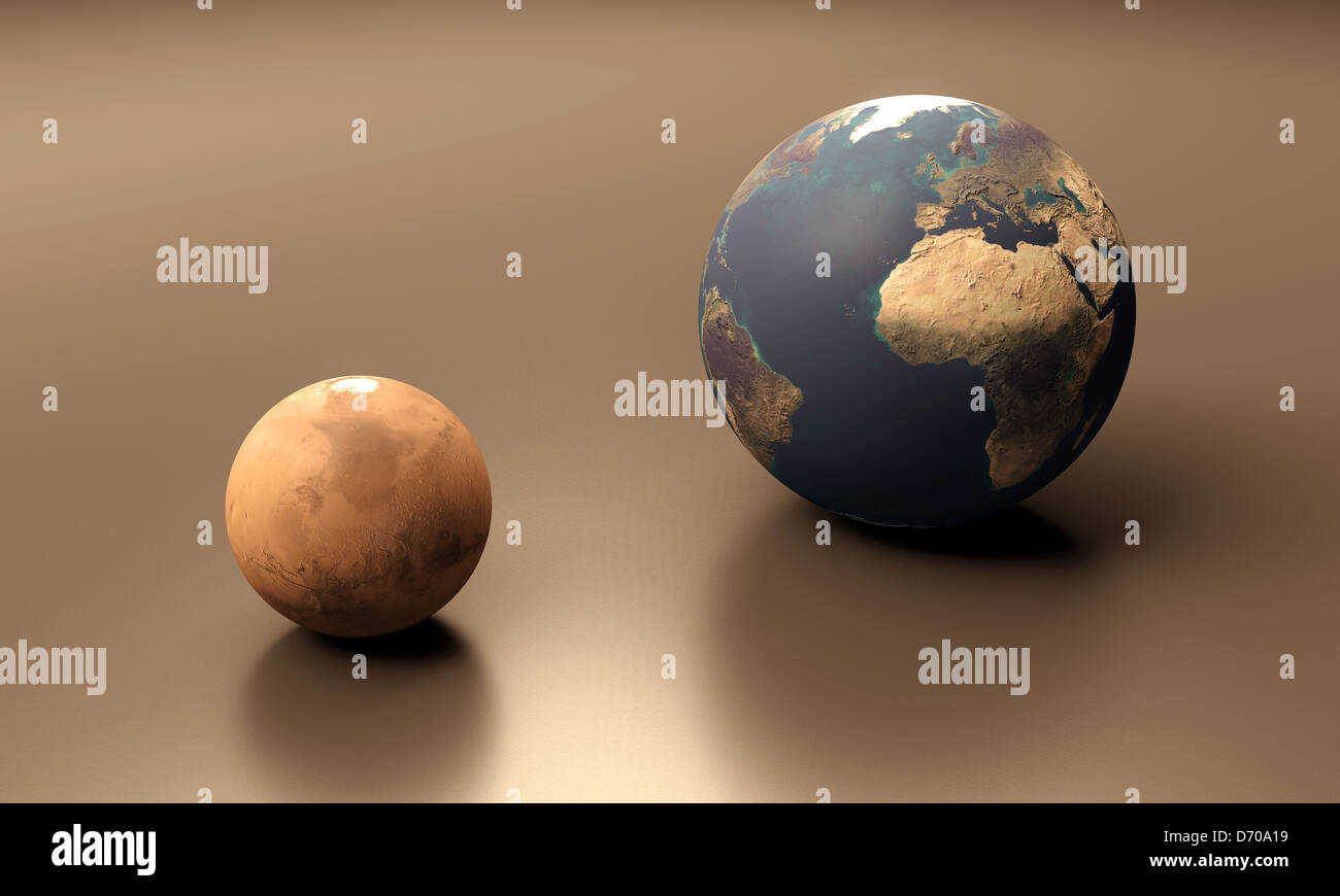 Una resa di dimensioni foglio di confronto tra i pianeti il pianeta Terra e Marte Foto Stock