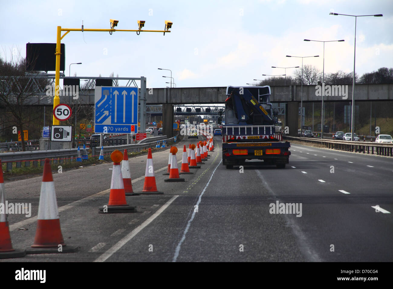 Lavori stradali lungo l'autostrada M62 nel West Yorkshire Foto Stock