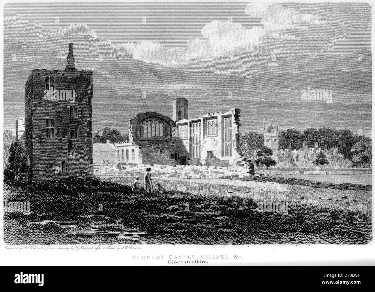 Una incisione intitolata " Castello di Sudeley, cappella, &c. Glocestershire ' scansionati ad alta risoluzione da un libro pubblicato nel 1803. Foto Stock