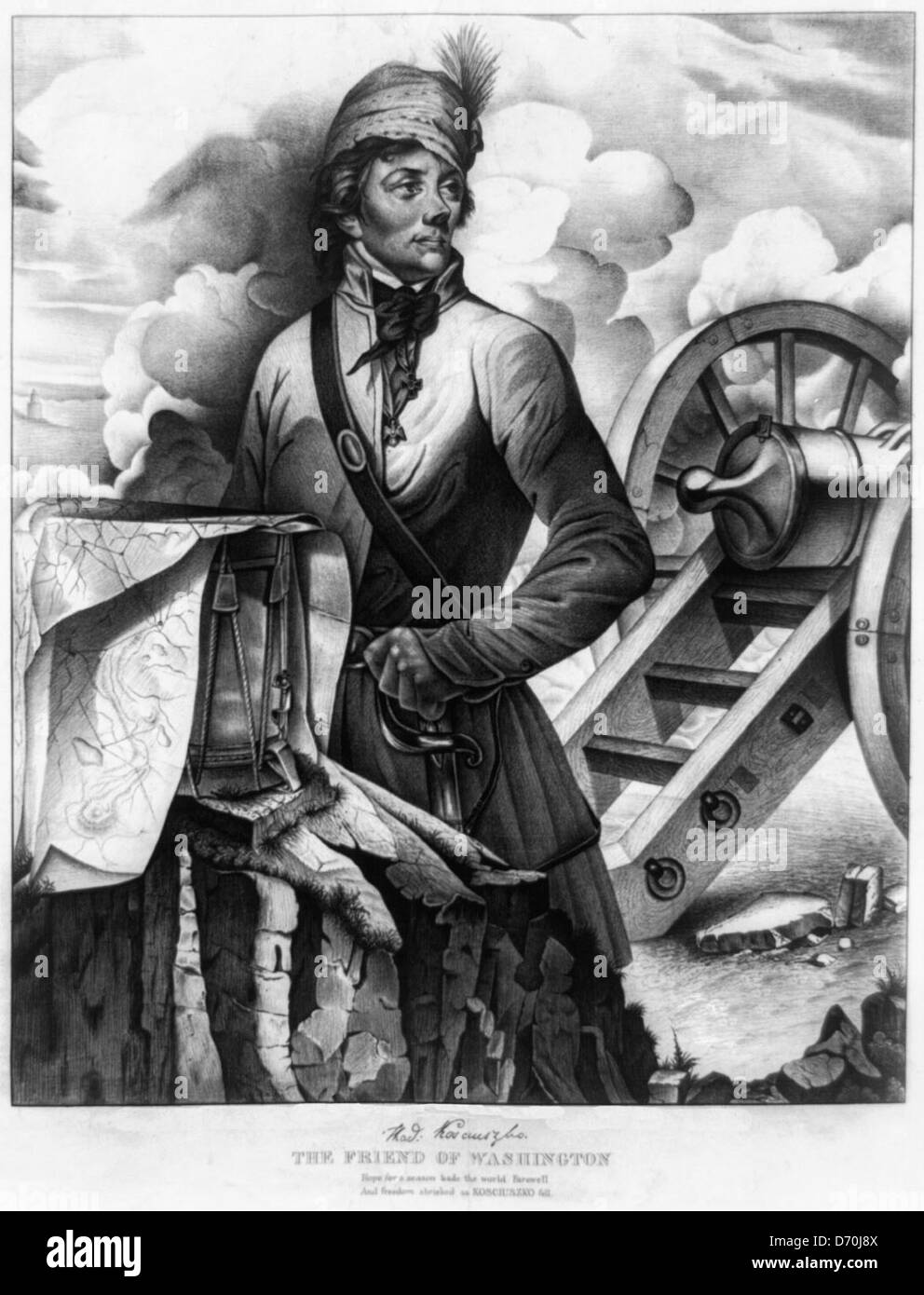 Thaddeus Kosciuszko, l'amico di Washington, in piedi tra un cannone e mappe impilati su un tamburo. Foto Stock