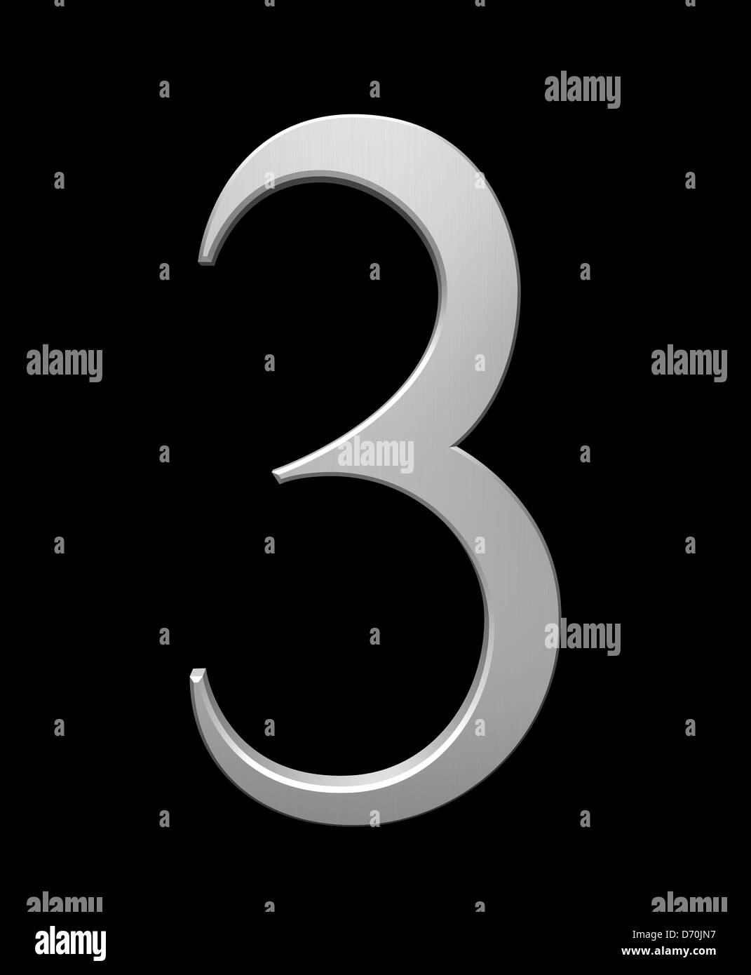 Numero 3 in acciaio spazzolato isolati su nero con tracciato di ritaglio Foto Stock