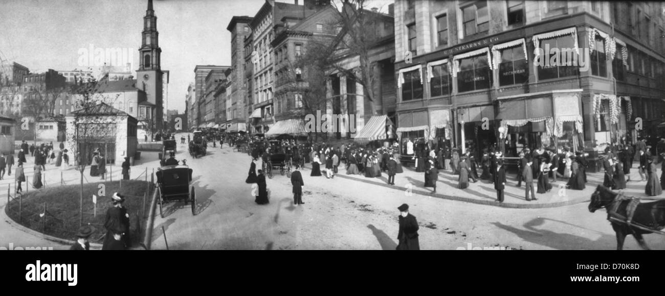 Scena di strada, Boston, Massachusetts, circa 1903 Tremont Street, guardando a nord-est. Sulla sinistra sono ingressi di Park Street Stazione della metropolitana a Boston Common e la Park Street Church. Foto Stock