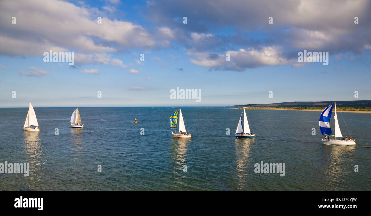 Yacht di lasciare il porto di Poole visto da barene Dorset Regno Unito Foto Stock