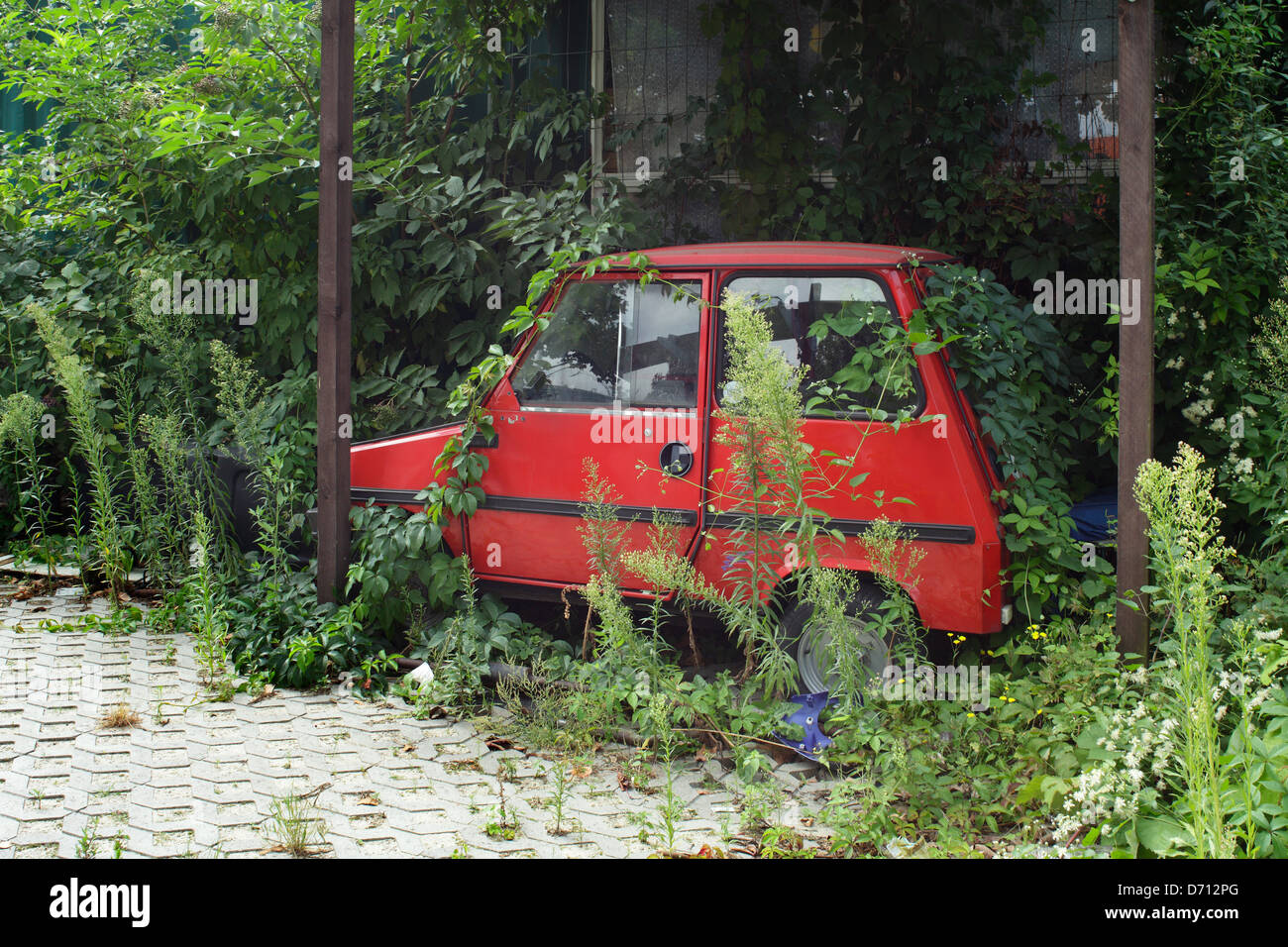 Berlino, Germania, una rossa vettura compatta è di circa ricoperta da piante Foto Stock