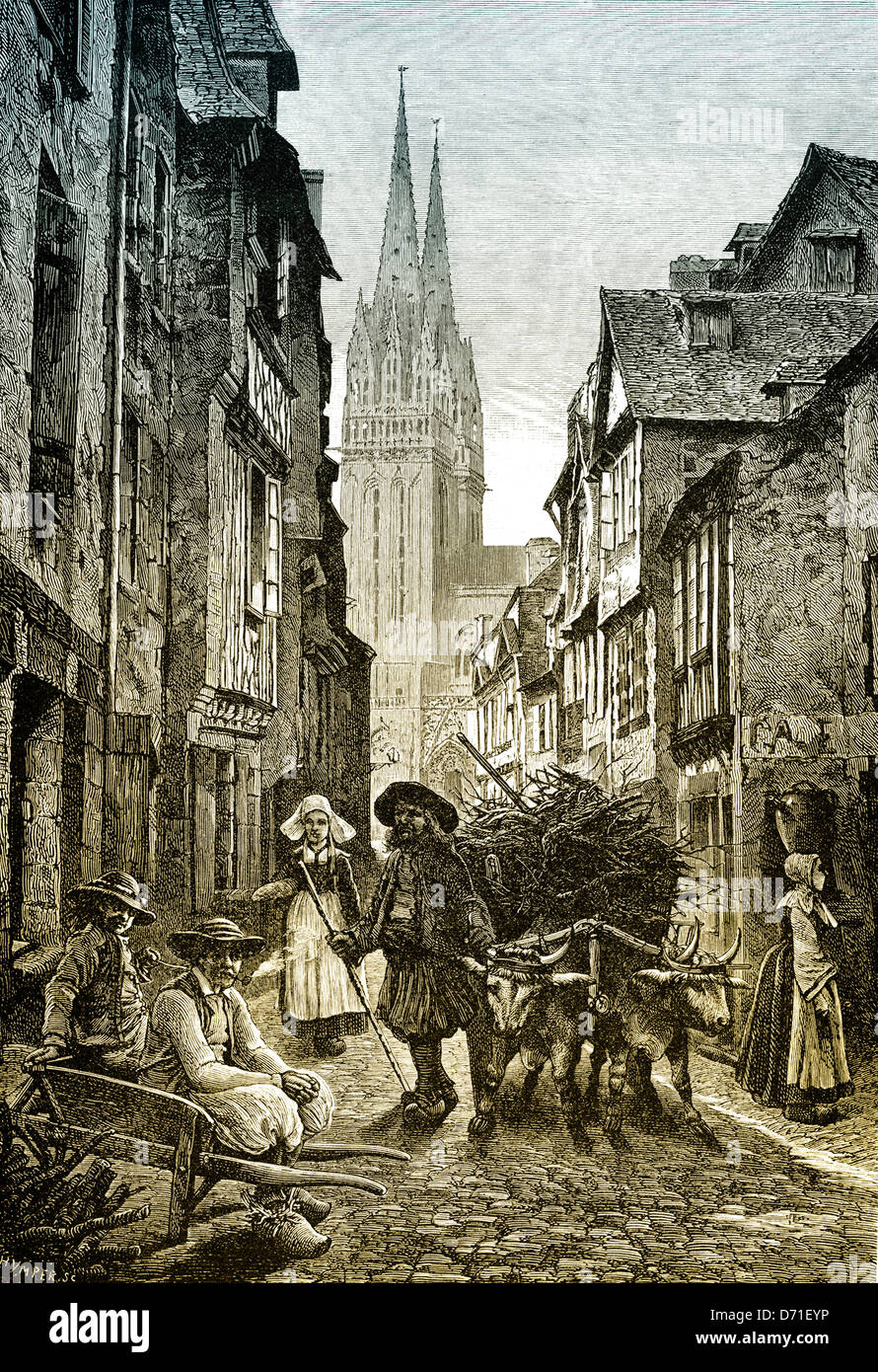 Disegno storico, scene di strada a Quimper, o Kemper in bretone, secolo XIX, Quimper, Bretagne, Francia, Europa Foto Stock