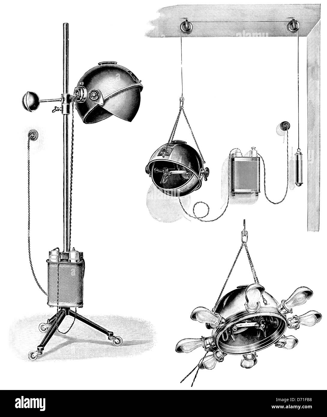 Lampada abbronzante, tecniche terapeutiche nei primi del novecento, illustrazione Foto Stock