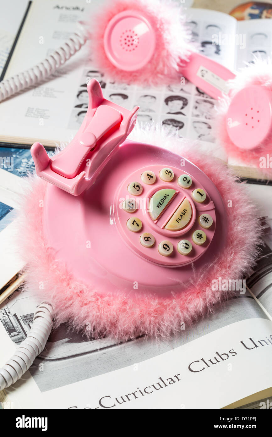 Ancora vita Pink Fluffy stile retrò telefono con High School Annuari Foto Stock