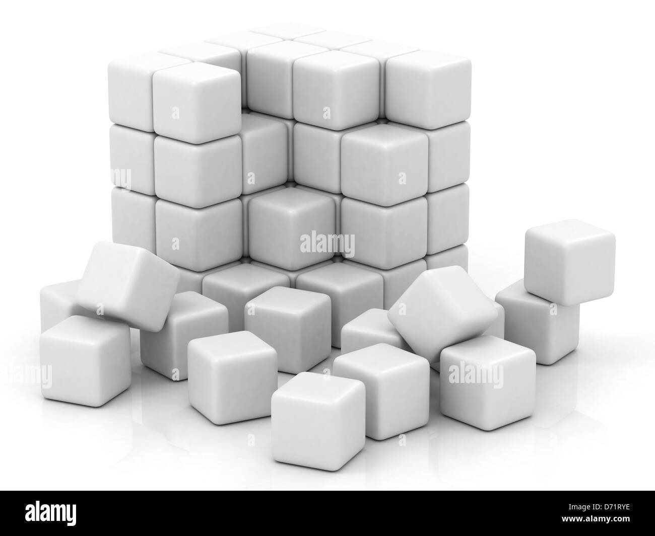 Cubo bianco da assemblaggio blocchi su sfondo bianco Foto Stock