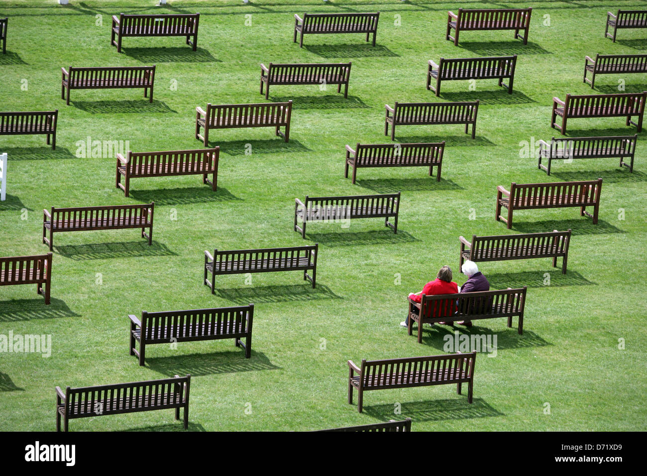 Un giovane seduto in un mare di giardino panche in uno dei primi giorni di gara nel mese di aprile 2013 a Newbury Racecourse, UK. Foto Stock