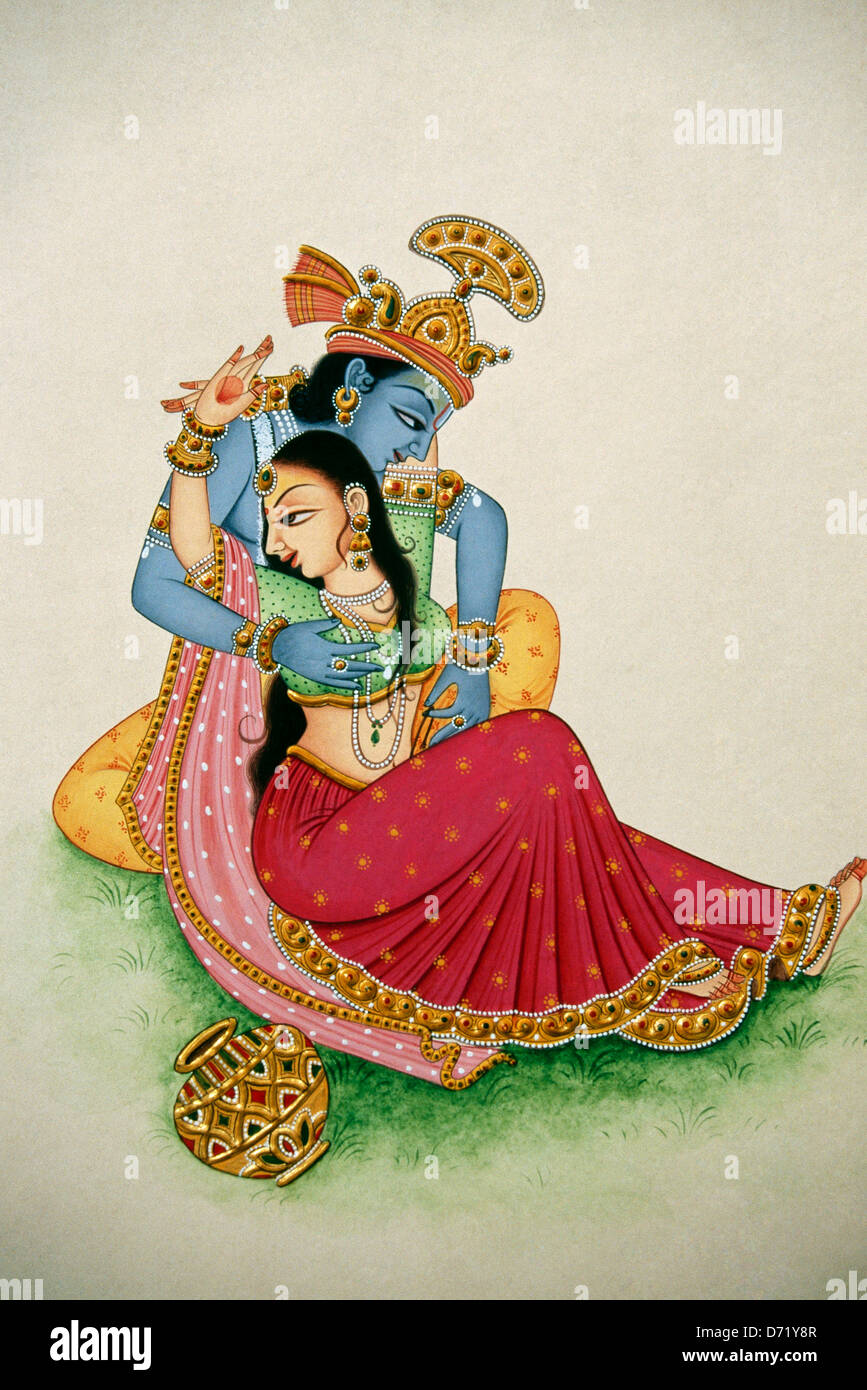 Romantico raffigurazione di dio indù Krishna e Radha. La pittura da India Foto Stock