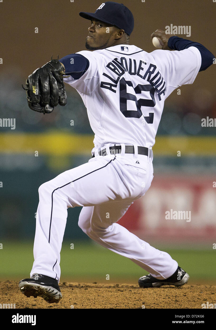 Aprile 24, 2013 - Detroit, Michigan, Stati Uniti d'America - 24 Aprile 2013: Detroit Tigers brocca Al Alburquerque (62) eroga passo durante la MLB azione di gioco tra il Kansas City Royals e Detroit Tigers al Comerica Park di Detroit, Michigan. Le tigri hanno sconfitto i Royals 7-5. Foto Stock