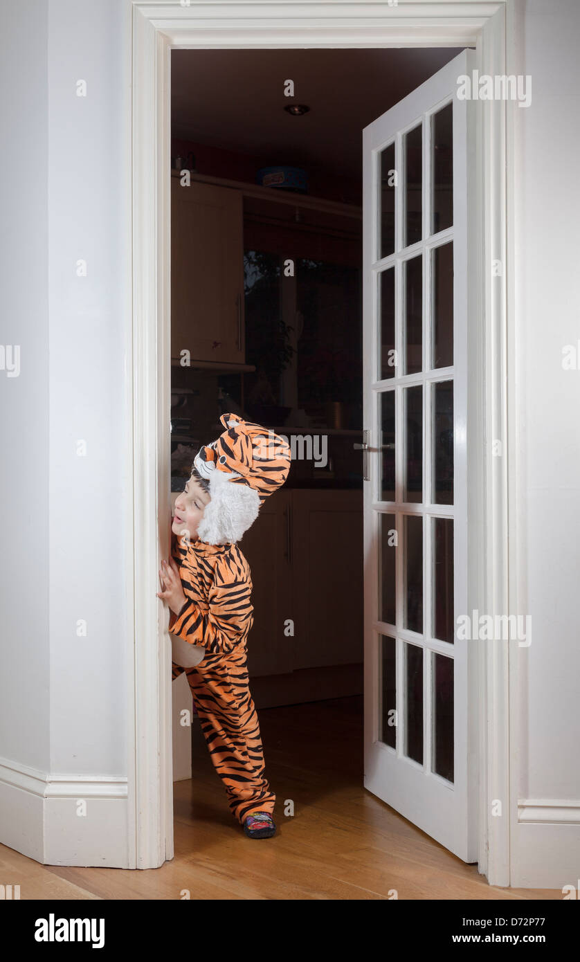 Giocoso bambino vestito in costume tigre,gioca a nascondino Foto stock -  Alamy