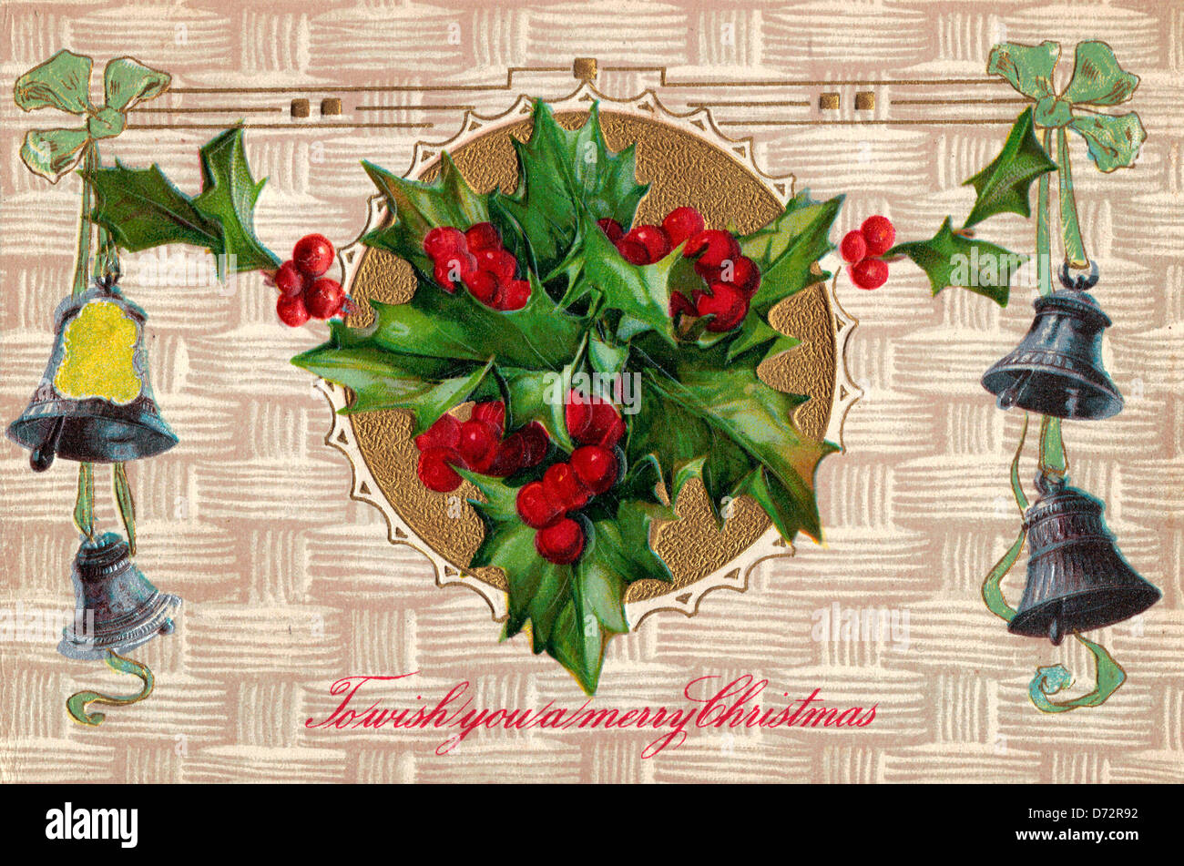 Per augurarvi un Buon Natale - auguri di Natale con vischio e campane Foto Stock