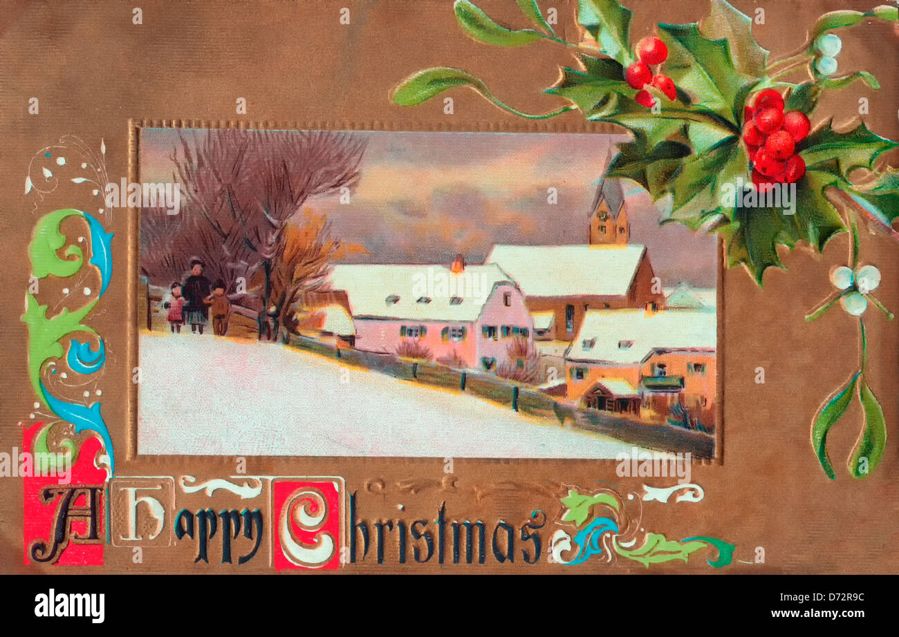 Un Felice Natale - Scheda di Natale con scena invernale Foto Stock