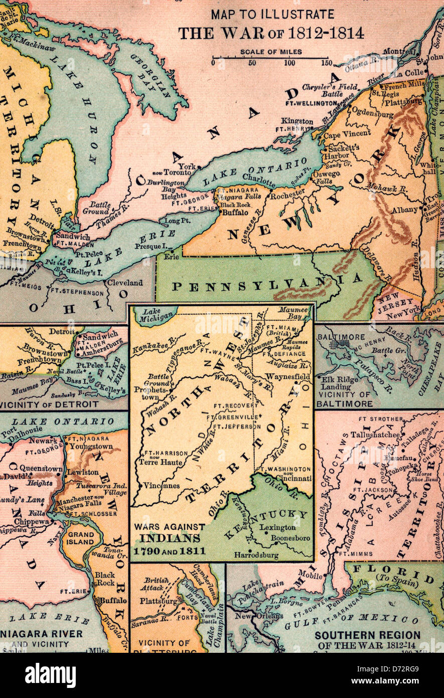 Mappa per illustrare la guerra del 1812 tra gli Stati Uniti e la Gran Bretagna Foto Stock